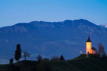 Church on the hill at sunset at Jamnik