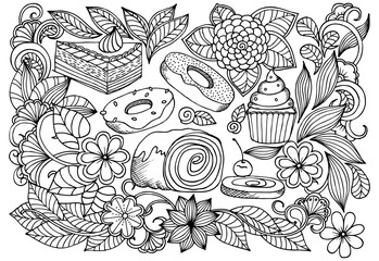 Doodle drawing of sweets and flowers. Vector image of a very tas