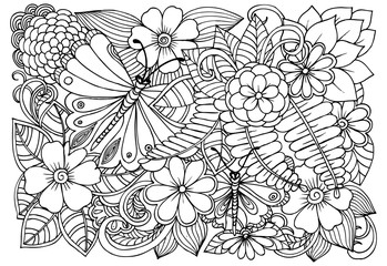 Butterflies and flowers in black and white for coloring