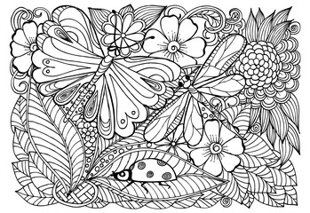Ladybug, dragonfly, butterfly and flower pattern for coloring.