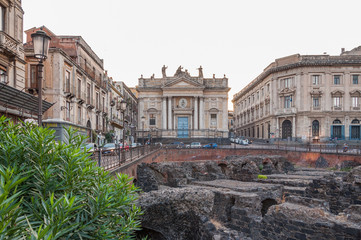 Remains of the Roman amphitheater at the Stesicoro square in Catania, Italy