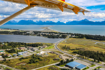 Aerial view from an airplane of Homer Spit and  Kachemak Bay, Kenai Peninsula, Alaska