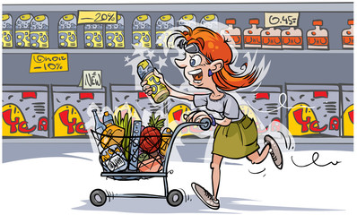 Cartoon Woman in shopping. All commodity in separated layers for easy editing.