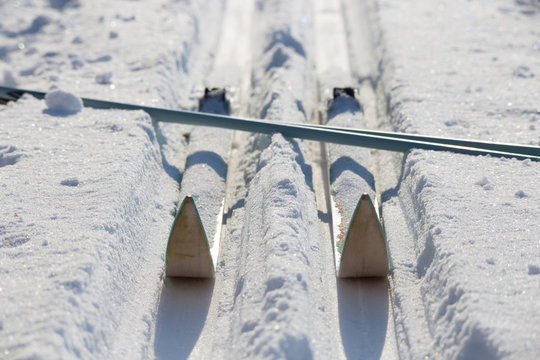 Skis travel tourism. Cross-country skiing equipment on snow field. Healthy lifestyle wintersport