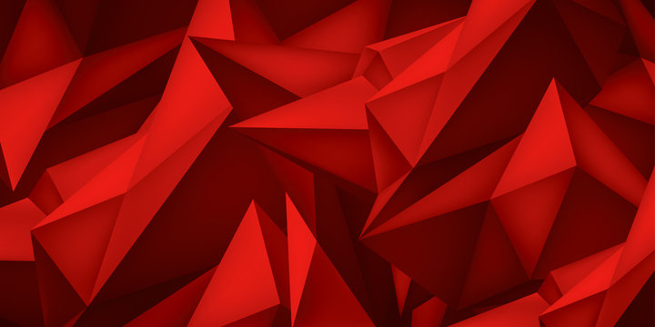 Volume geometric shape, 3d crystal red background, abstraction low polygons wallpaper, vector design form