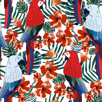 Tropical pattern with parrots.Exotic summer seamless print.Vector textile texture