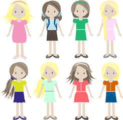 Vector icons of small children in colorful clothes