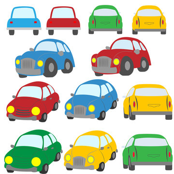 A set of colorful cars painted in the style of the toy on a whit