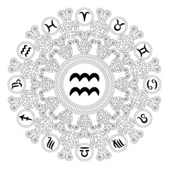 vector black and white round geometric mandala with zodiac symbol of aquarius - adult coloring book page