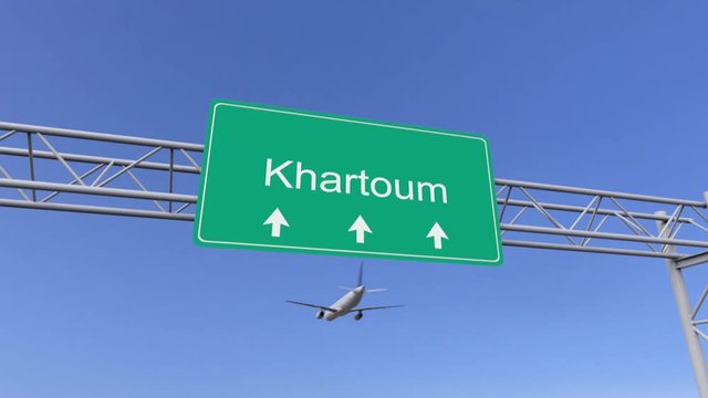 Twin engine commercial airplane arriving to Khartoum airport. Travelling to Sudan conceptual 4K animation
