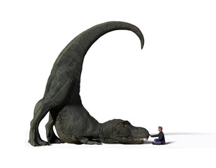 Naklejka premium comparison of the size of an adult Tyrannosaurus rex dinosaur from the Jurassic period and a 1,8m human (Homo sapiens), 3d illustration