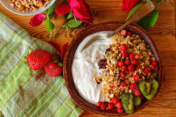 Granola with sour cream and strawberry