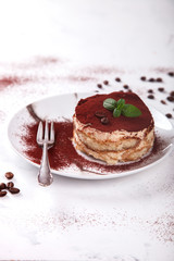 Tiramisu, traditional Italian Dessert on a white plate.On a Marble Background.Copy space. selective focus.