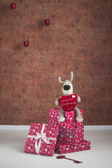 Lovely dog with red heart on gift boxes