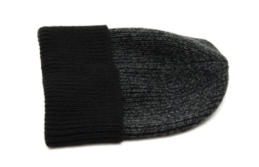 Black knitted hat for men on white background