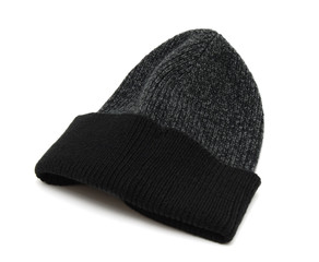 Black knitted hat for men on white background
