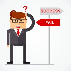 Successful businessman with road sign, business situation concept. Working in office, desire to succeed, teamwork and management. Flat vector illustration. Objects isolated on white background.