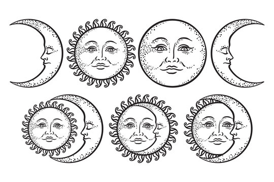 Naklejki Boho chic flash tattoo design hand drawn art sun and crescent moon set. Antique style sticker design vector isolated on white background