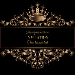 Vintage gold invitation card with black background, divider, header, ornamental lacy vector frame, royal crown decoration