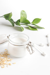 natural organic cosmetics with herbs for baby on white background