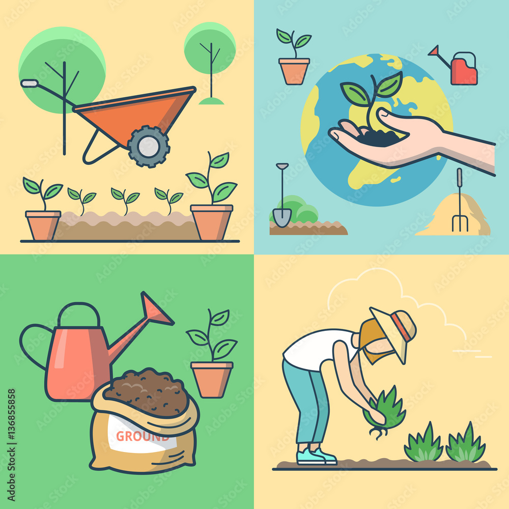 Poster linear flat sprout globe background vector seedling gardening