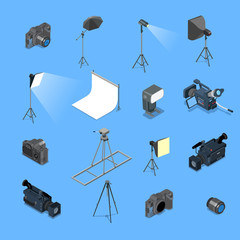 3d Flat isometric photo studio lighting equipment camera vector