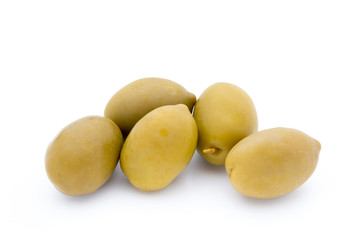 Green big olives on the white background.