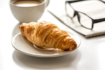Business lunch with croissant on white table top view