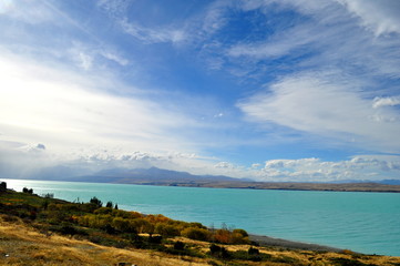 Mount Cook viewpoint with the lake Pukaki and road leading to mount cook village