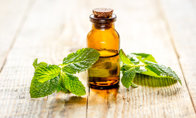 organic cosmetics with herbal extracts of mint on wooden background