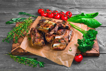 Meat Pork ribs on a barbecue grill