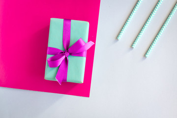 concept birthday party top view on white background mock up