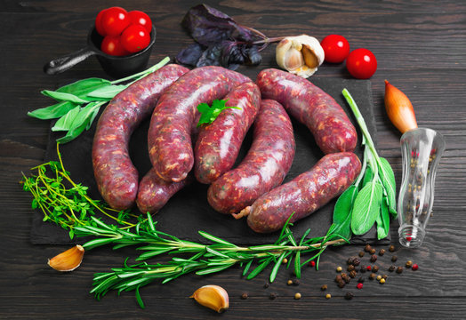 Raw uncooked meat sausages