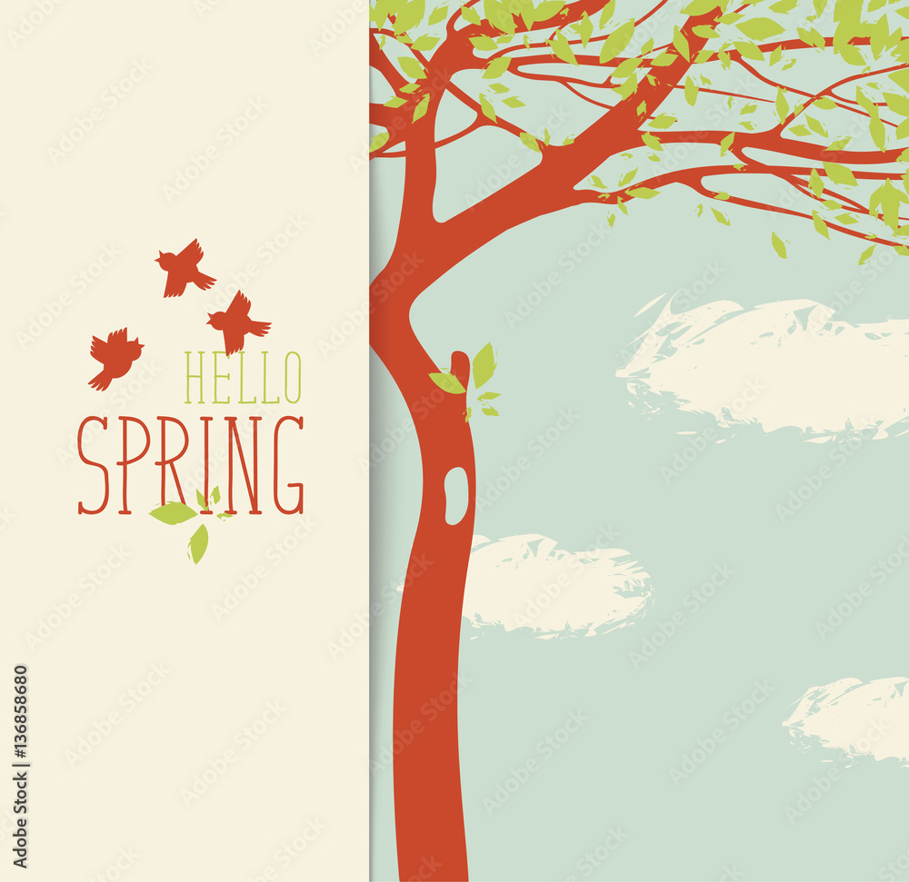 Poster Spring landscape with tree and bird on background sky with clouds