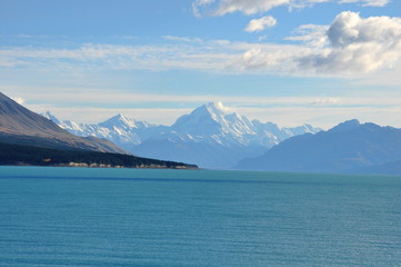 Mount Cook viewpoint with the lake Pukaki and road leading to mount cook village