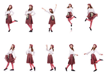 Pretty girl in plaid red clothing isolated on white