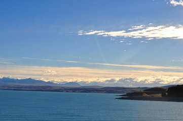 Mount Cook viewpoint with the lake Pukaki and road leading to mount cook village