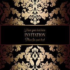 Rococo background with antique, luxury black and gold vintage frame, victorian banner, damask floral wallpaper ornaments, invitation card, baroque style booklet, fashion pattern, template for design