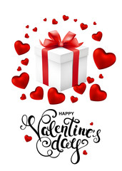 Happy Valentines day greeting card with callygraphy, hearts confetti and gift box. Vector illustration.