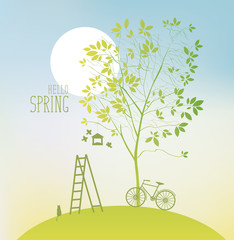spring landscape with two tree, sun and bike