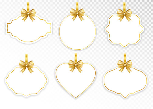 Paper White Frame Set With Gold Bow Isolated On Transparent  Background. Vector Illustration.