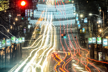 Car traffic on streets at night long exposure