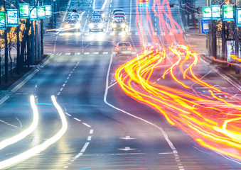 Car traffic on streets at night long exposure