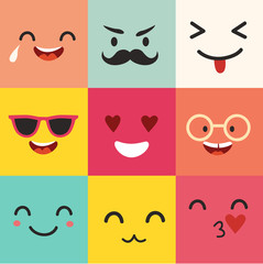 Happy emoticons vector pattern. Positive moji set,  square icons. Cute emoji colorfull illustration. Big set flat cartoon style. Face  funny backgound
