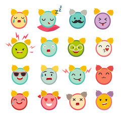 Emoticons alarm clock vector set. Cute funny stickers. Emoji big set flat cartoon style. Isolated on white background
