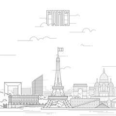 Paris city with iconic buildings. Line art flat design. Vector illustration.