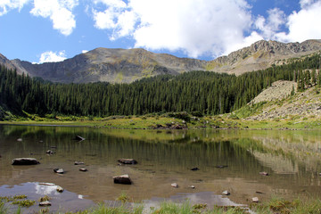 Mountains and reflection at Wheeler Lake in Taos