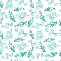 Seamless Pattern of Watercolor Light Green Leaves