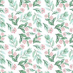 Watercolor Green Leaves And Red Berries Repeat Pattern
