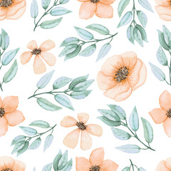 Watercolor Yellow Flowers And Leaves Seamless Pattern